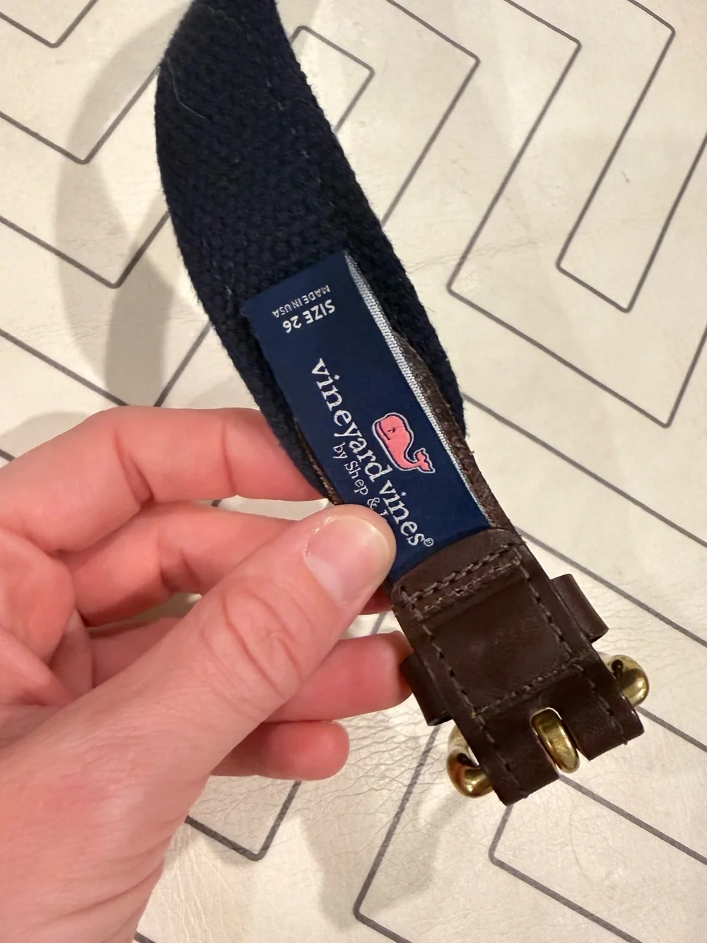 Vineyard Vines Navy Blue & White Whale Belt with Brown Leather Trim